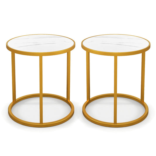 Marble Top Round Side Table 16-Inch End Table with Golden Metal Frame-2 Pieces, Golden