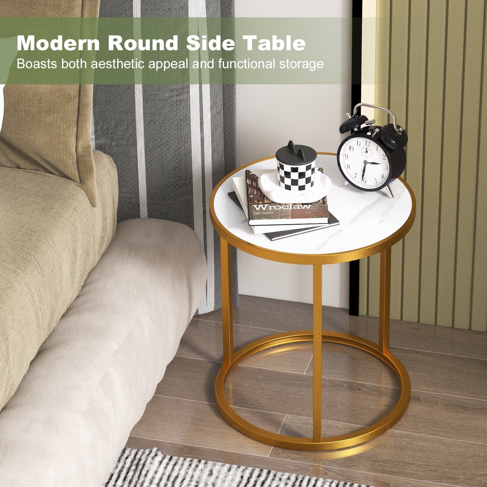 Marble Top Round Side Table 16-Inch End Table with Golden Metal Frame-2 Pieces, Golden End & Side Tables at Gallery Canada