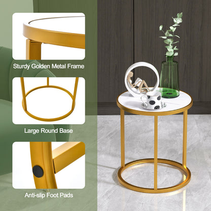Marble Top Round Side Table 16-Inch End Table with Golden Metal Frame-2 Pieces, Golden End & Side Tables at Gallery Canada