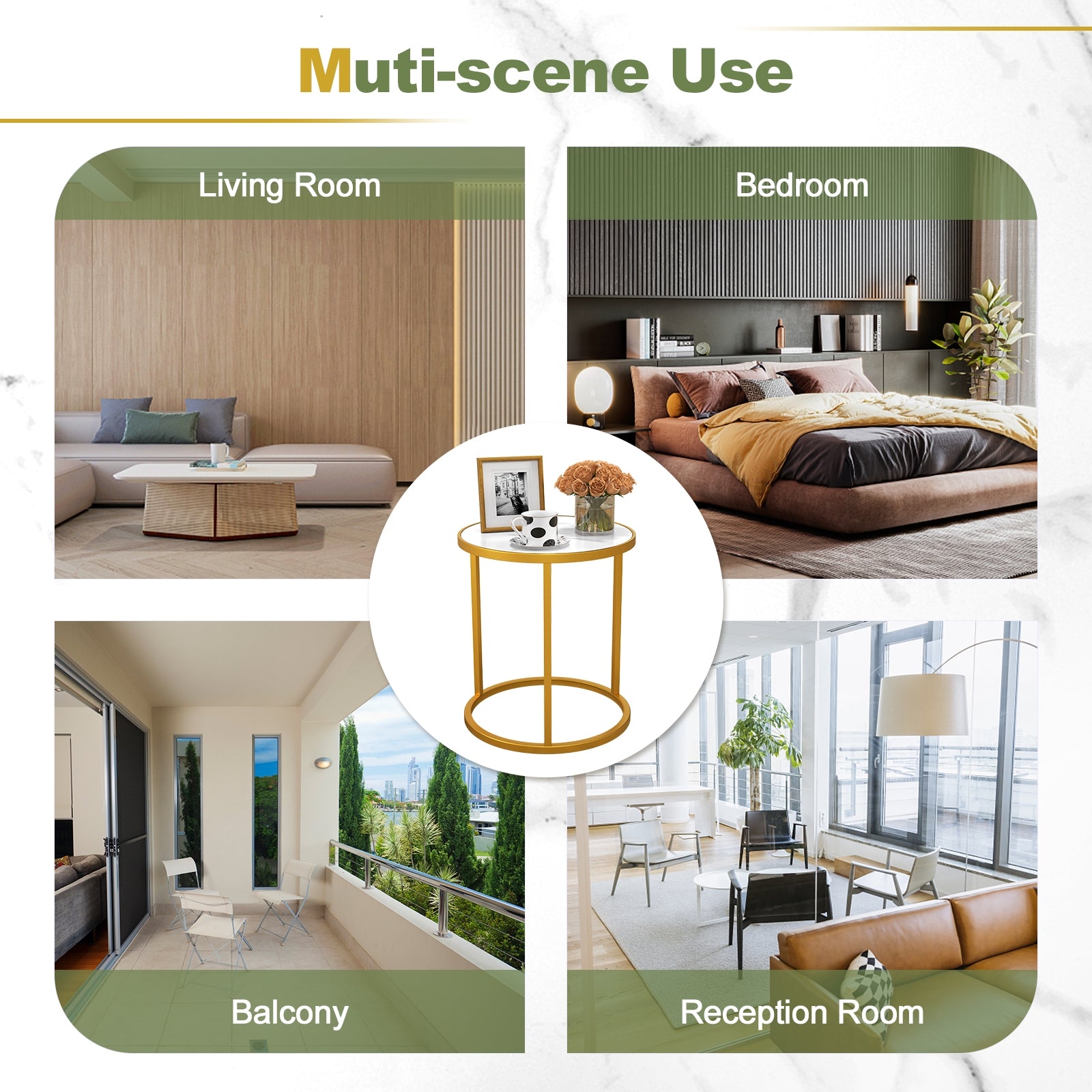 Marble Top Round Side Table 16-Inch End Table with Golden Metal Frame-2 Pieces, Golden End & Side Tables at Gallery Canada