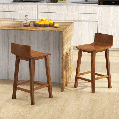 Wood Bar Stools Set of 2 with Solid Back and Seat, Brown