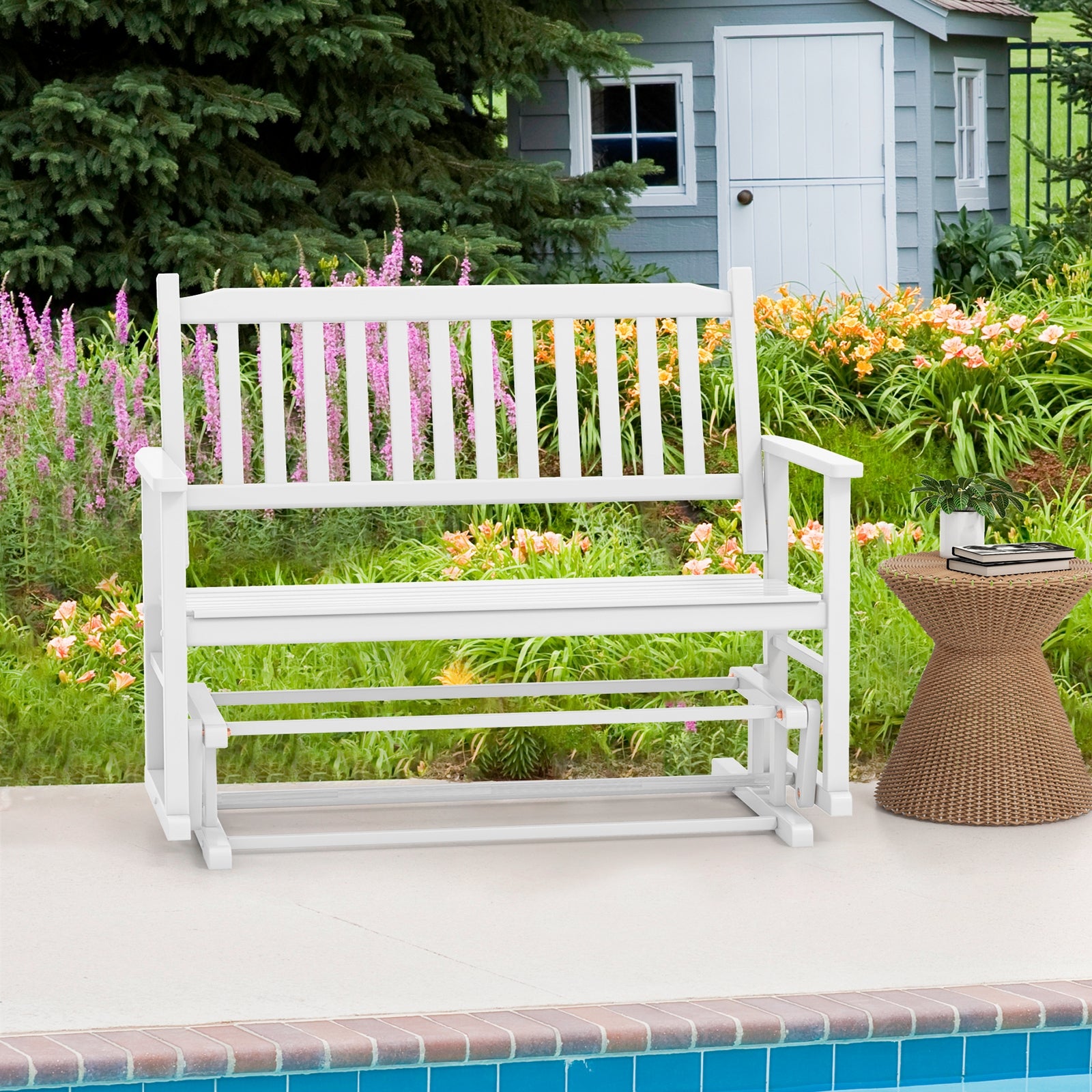 2 Seats Outdoor Glider Bench with Armrests and Slatted Seat, White Patio Rocking Chairs & Gliders at Gallery Canada