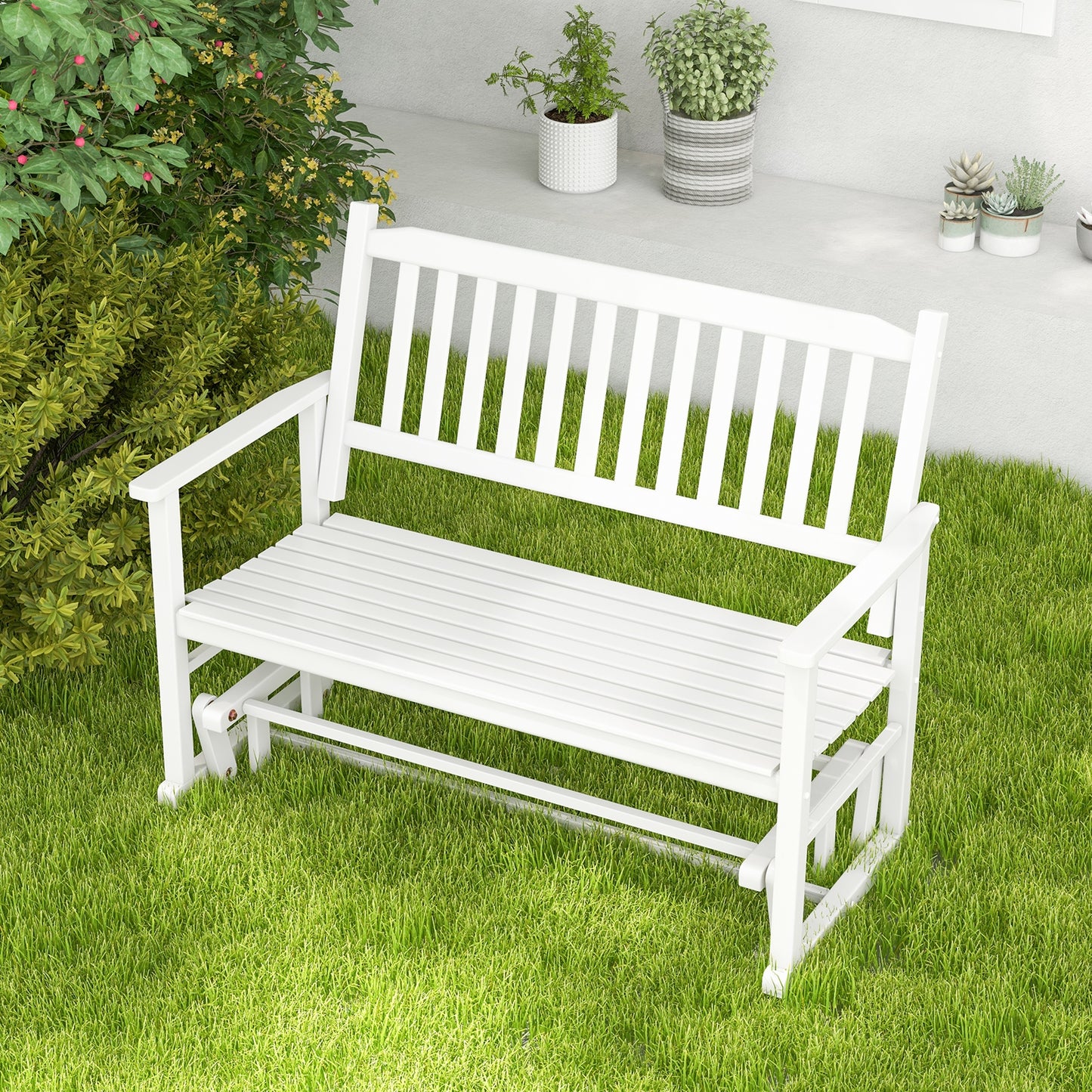 2 Seats Outdoor Glider Bench with Armrests and Slatted Seat, White Patio Rocking Chairs & Gliders at Gallery Canada