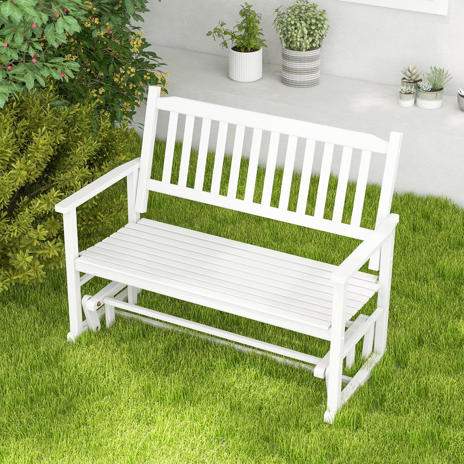 2 Seats Outdoor Glider Bench with Armrests and Slatted Seat, White Patio Rocking Chairs & Gliders at Gallery Canada