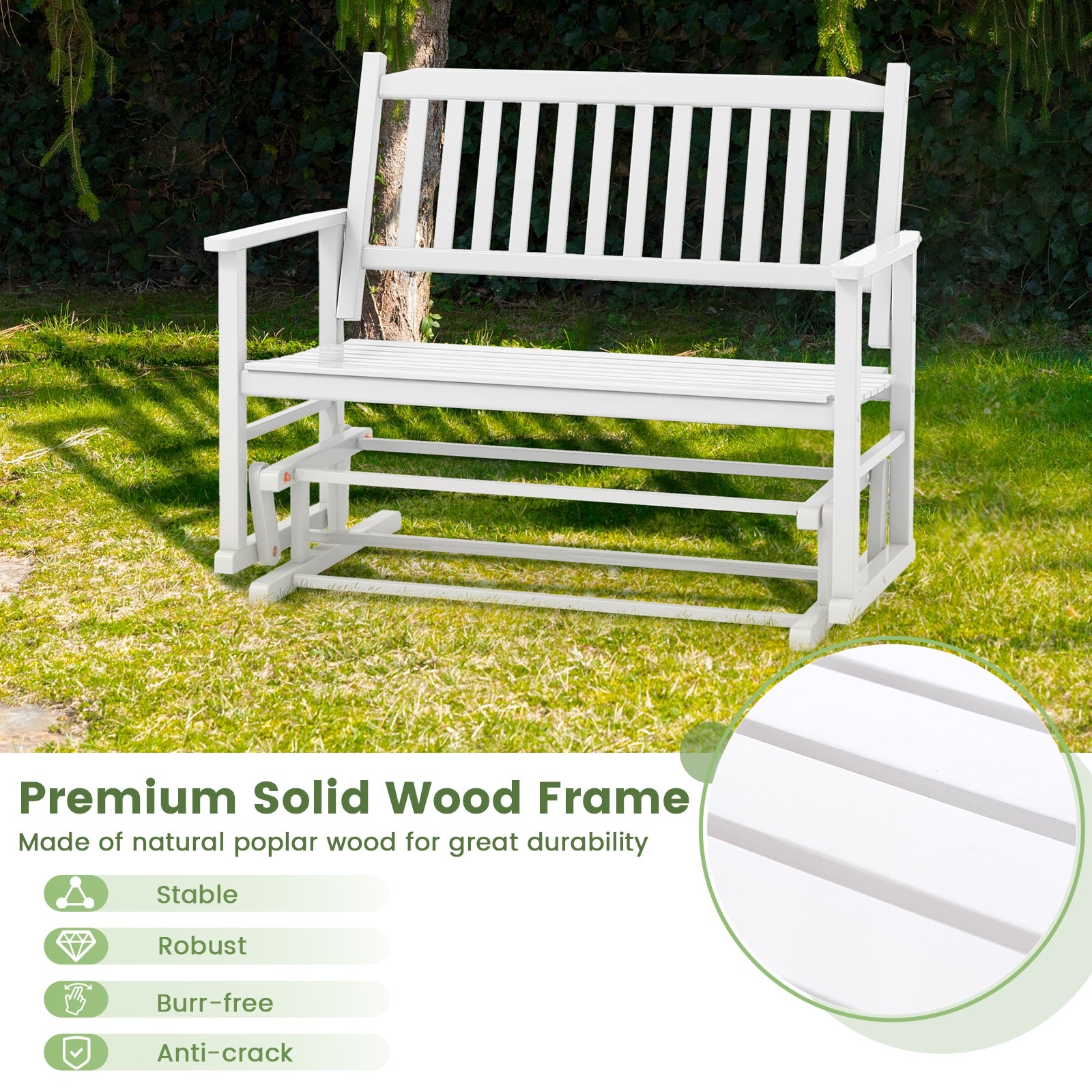 2 Seats Outdoor Glider Bench with Armrests and Slatted Seat, White Patio Rocking Chairs & Gliders at Gallery Canada