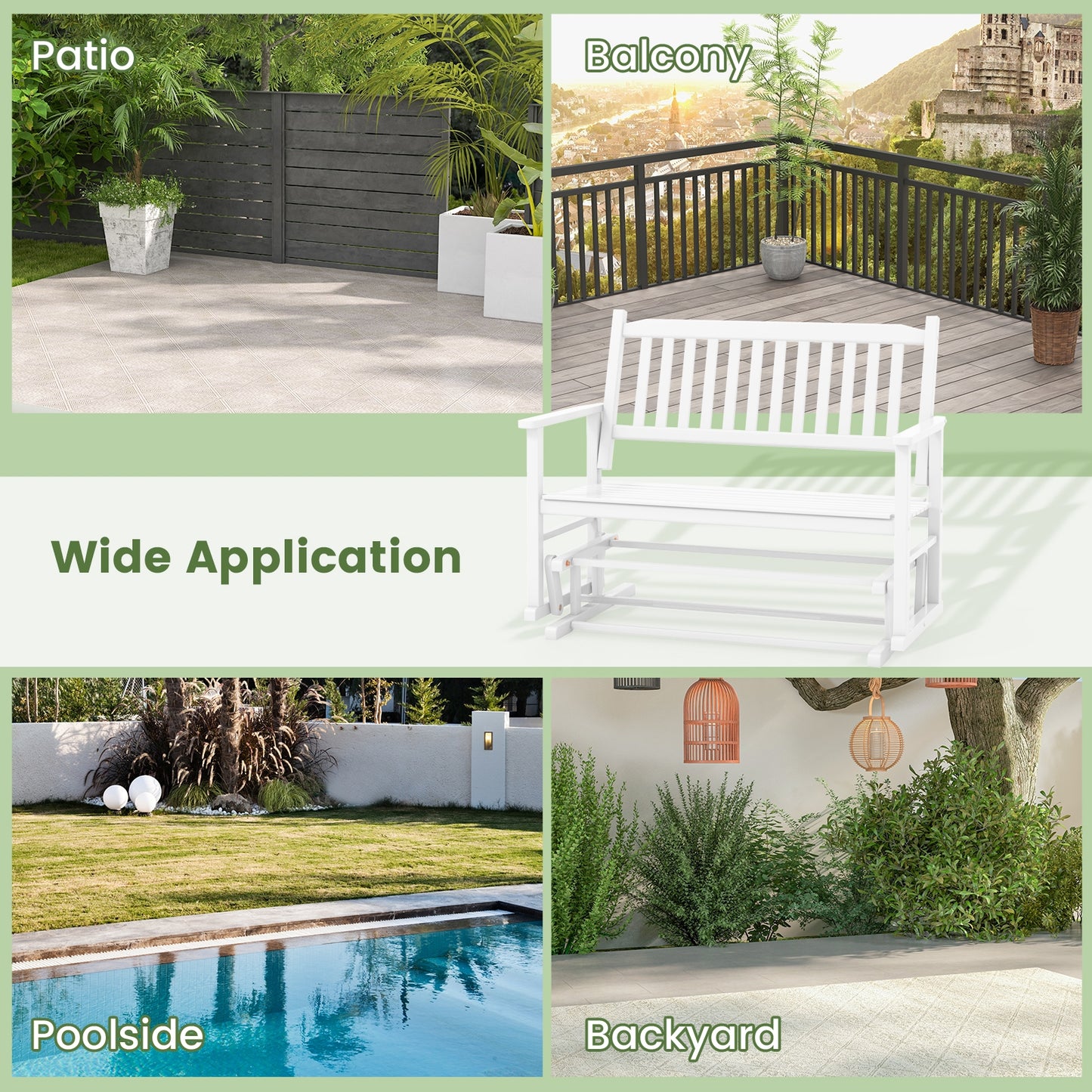 2 Seats Outdoor Glider Bench with Armrests and Slatted Seat, White Patio Rocking Chairs & Gliders at Gallery Canada