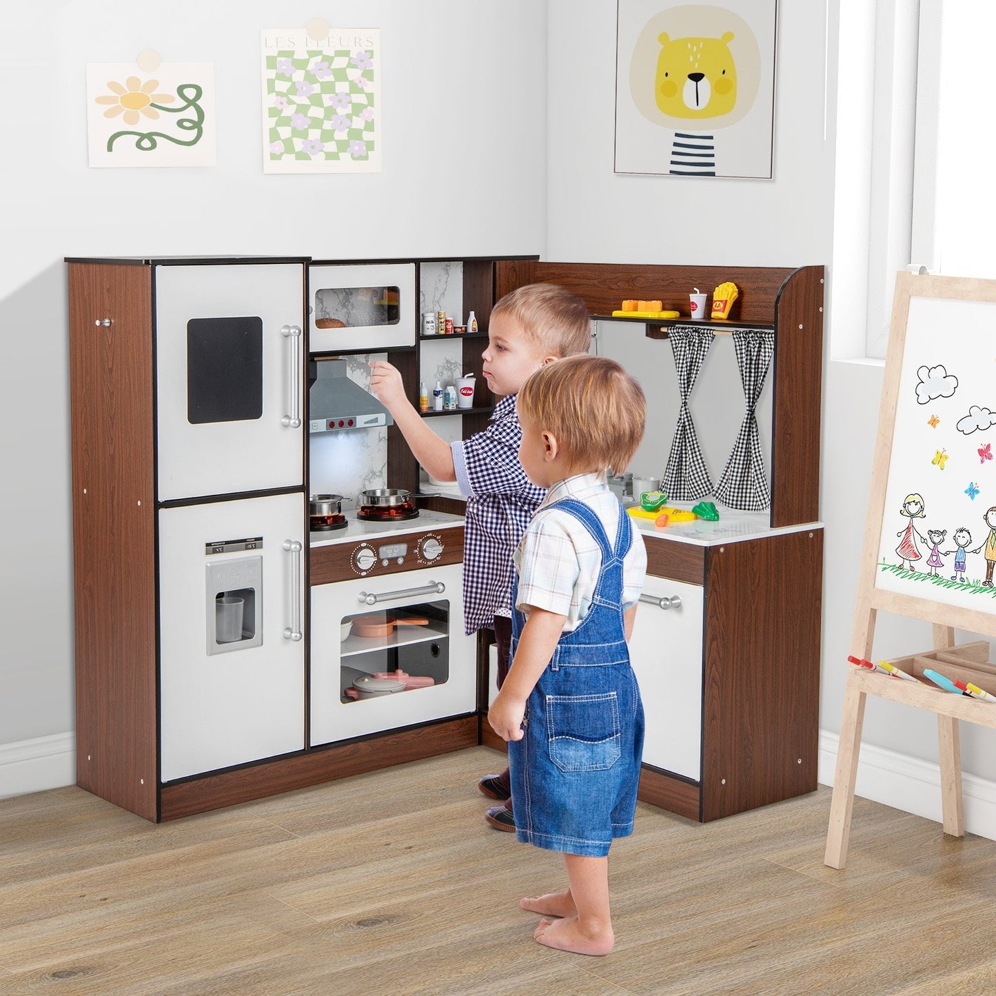 Wooden Corner Play Kitchen with Water Circulation System and Lights, Brown