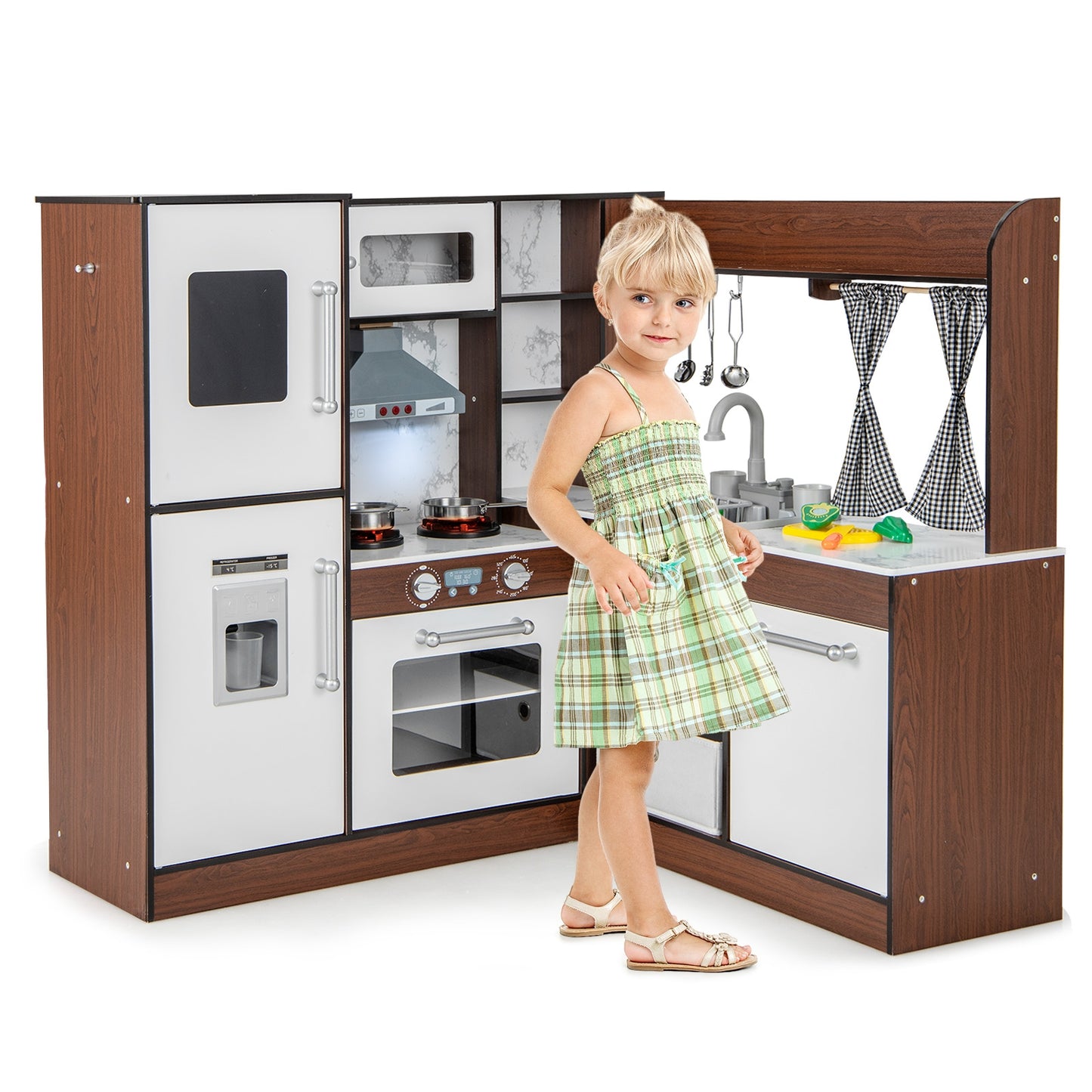 Wooden Corner Play Kitchen with Water Circulation System and Lights, Brown Play Kitchen Sets at Gallery Canada