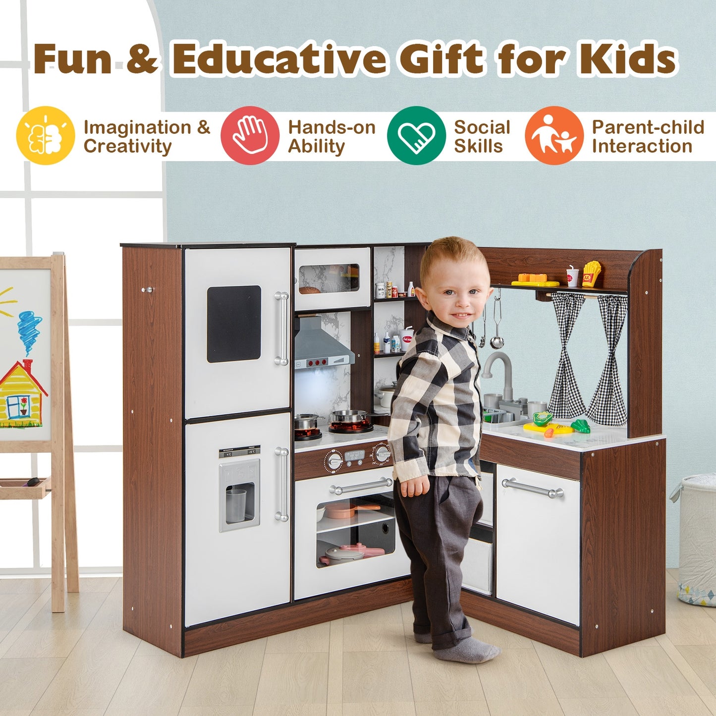 Wooden Corner Play Kitchen with Water Circulation System and Lights, Brown Play Kitchen Sets at Gallery Canada