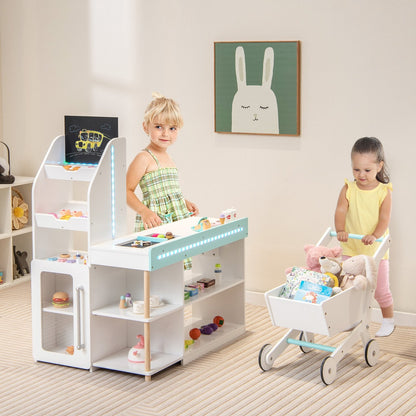 Wooden Kids Supermarket Playset with Cash Register and Shopping Cart, White