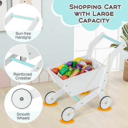 Wooden Kids Supermarket Playset with Cash Register and Shopping Cart, White