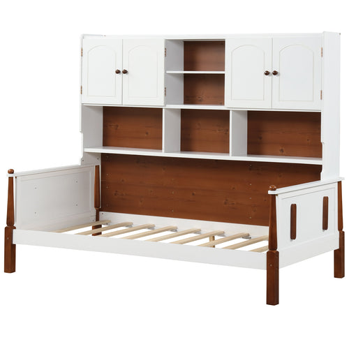 Twin Bed with Bookcase with Shelves and  Wooden Slat Support No Box Spring Needed for Living Room Bedroom, White