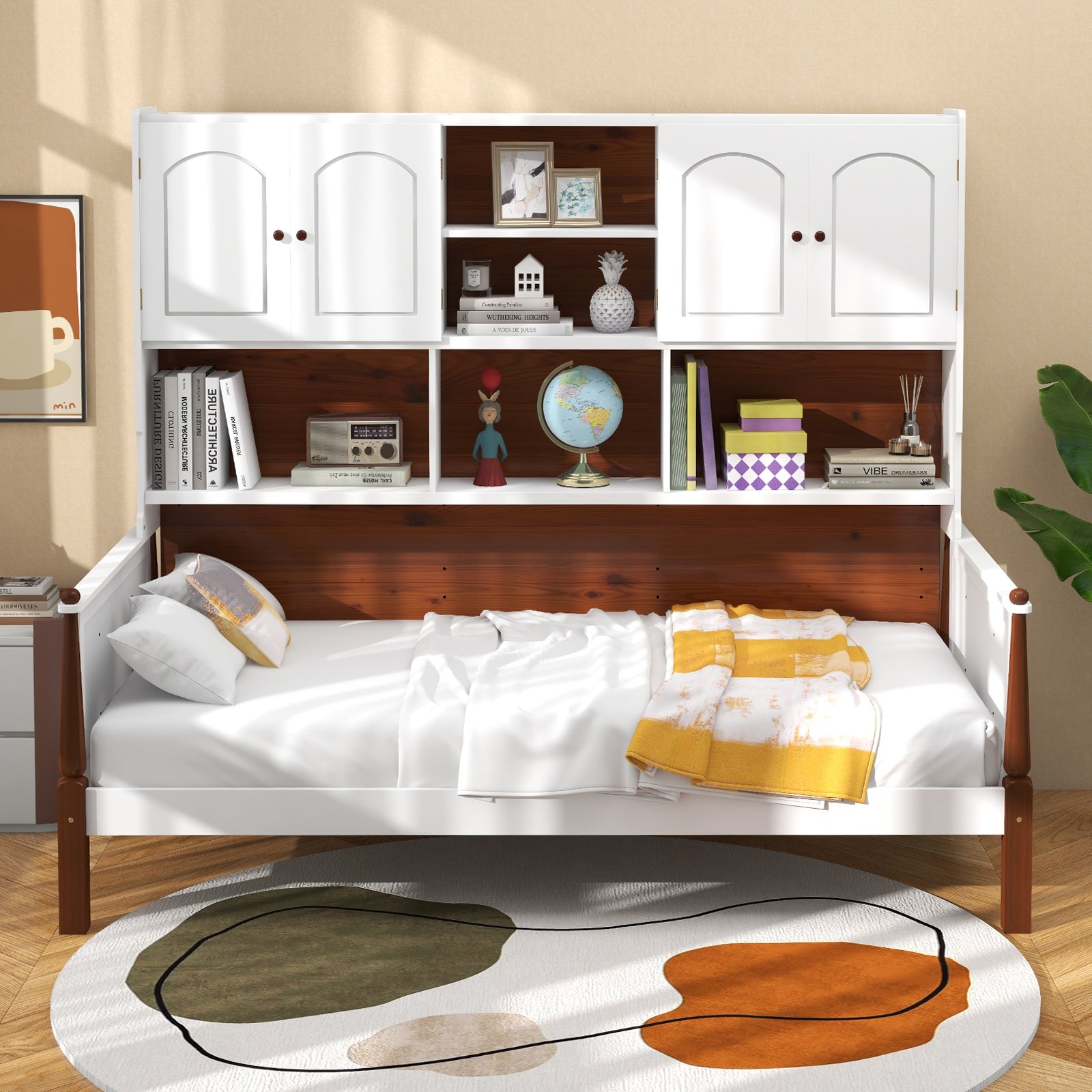 Twin Bed with Bookcase with Shelves and Wooden Slat Support No Box Spring Needed for Living Room Bedroom, White Simple Bed Frame at Gallery Canada