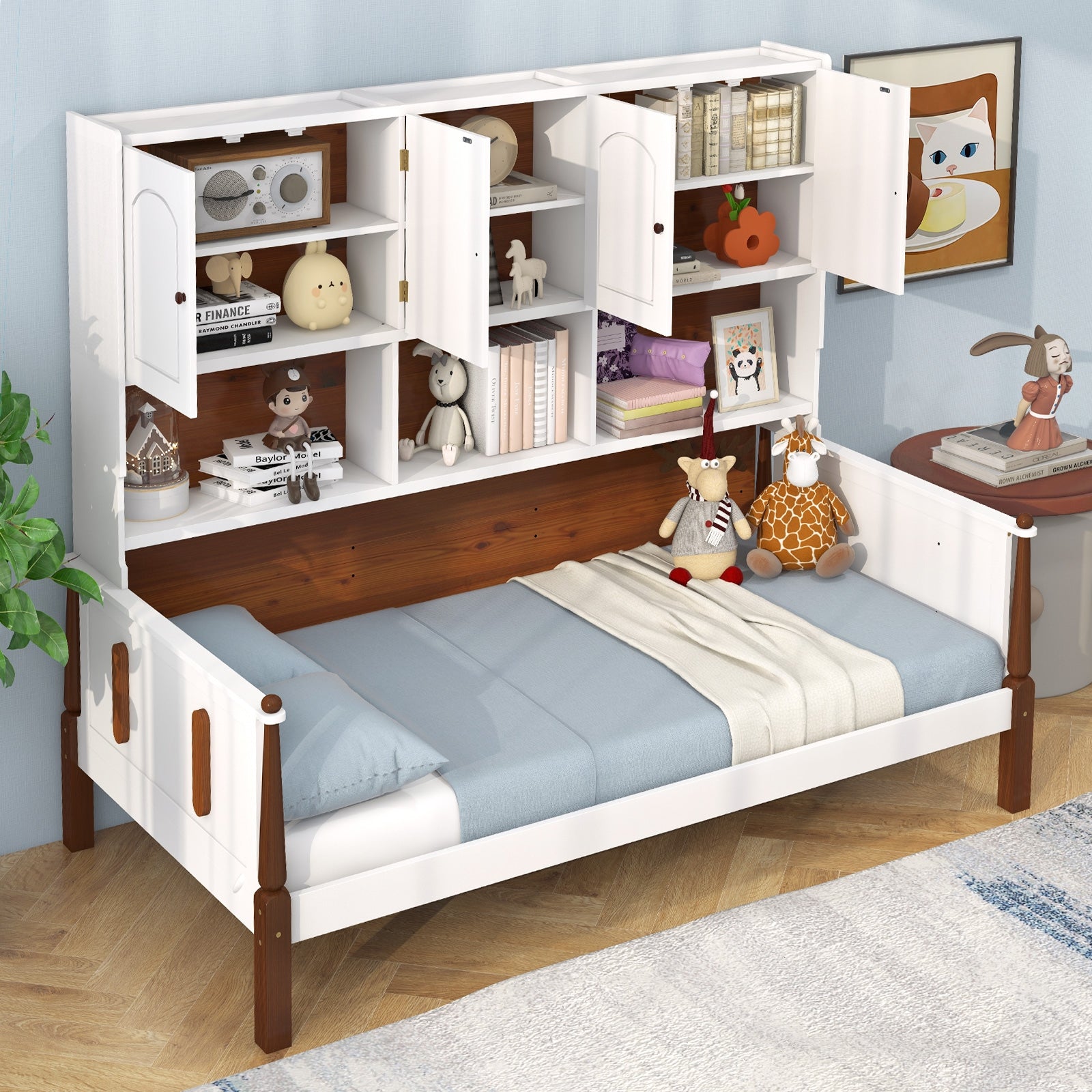 Twin Bed with Bookcase with Shelves and Wooden Slat Support No Box Spring Needed for Living Room Bedroom, White Simple Bed Frame at Gallery Canada