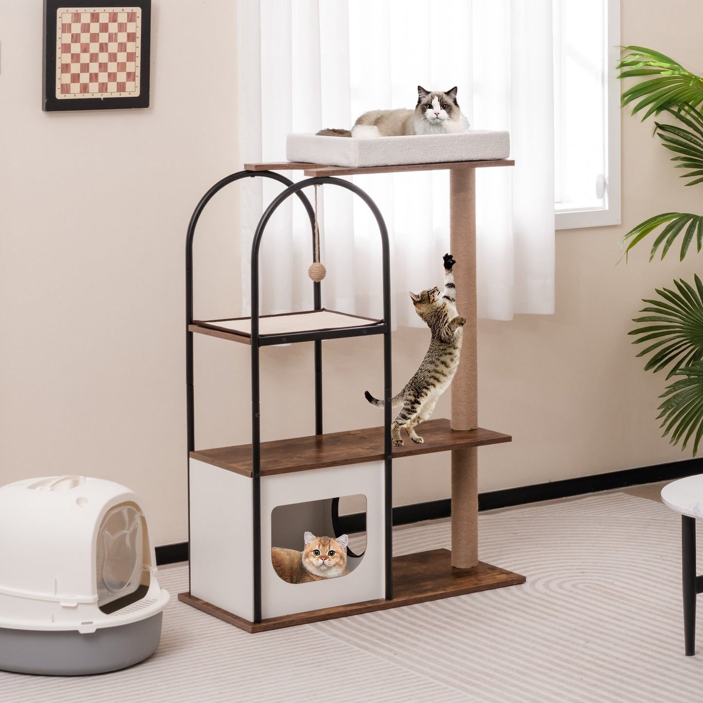47 Inch Tall Cat Tree Tower Top Perch Cat Bed with Metal Frame, White