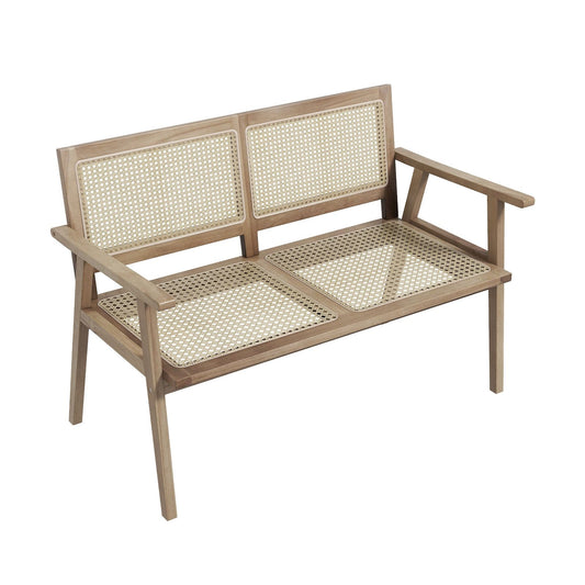 Indonesia Teak Wood Garden Bench with Armrests and Natural Rattan Backrest, Natural at Gallery Canada