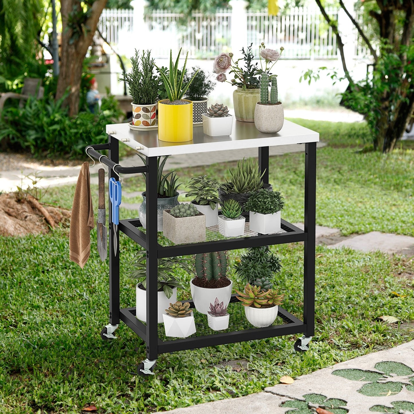 3-Tier Foldable Outdoor Stainless Steel Food Prepare Dining Cart Table on Wheels, Black