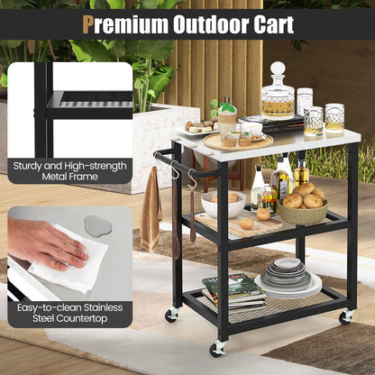 3-Tier Foldable Outdoor Stainless Steel Food Prepare Dining Cart Table on Wheels, Black