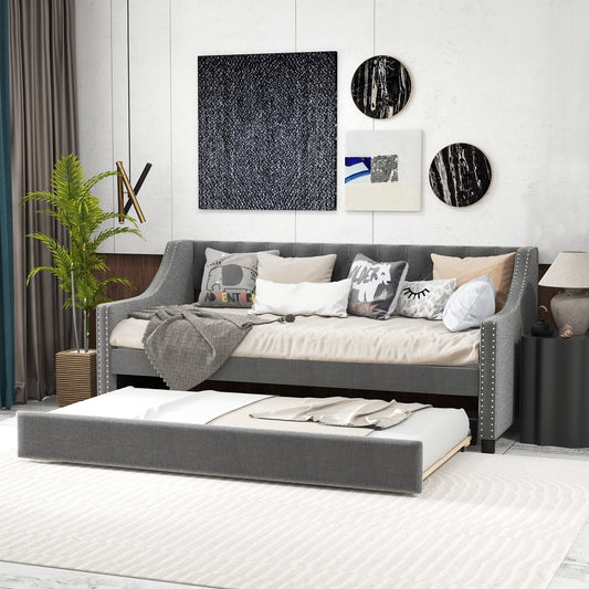 Twin Size Daybed with Trundle Sofa Bed with Curved Armrests and Backrest, Gray - Gallery Canada