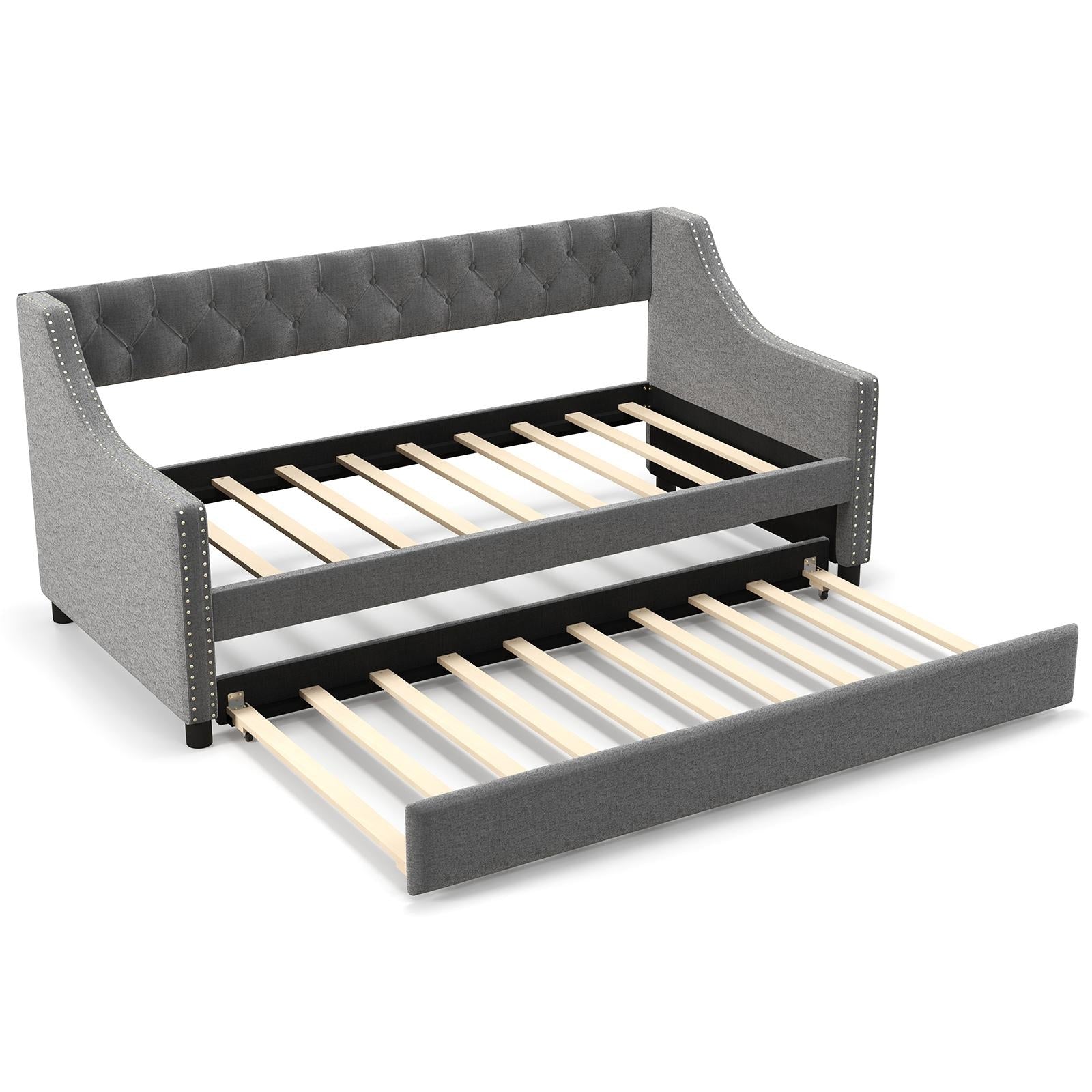Twin Size Daybed with Trundle Sofa Bed with Curved Armrests and Backrest, Gray Trundle Bed Frame Gray at Gallery Canada