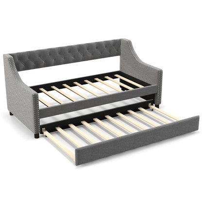 Twin Size Daybed with Trundle Sofa Bed with Curved Armrests and Backrest, Gray Trundle Bed Frame Gray at Gallery Canada