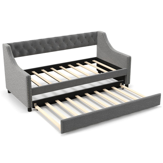 Twin Size Daybed with Trundle Sofa Bed with Curved Armrests and Backrest, Gray Trundle Bed Frame Gray at Gallery Canada