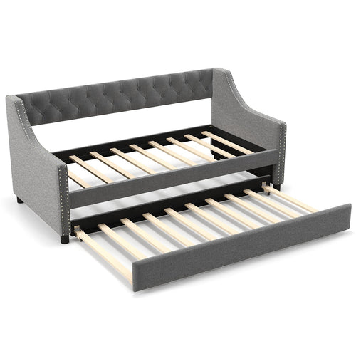 Twin Size Daybed with Trundle Sofa Bed with Curved Armrests and Backrest, Gray