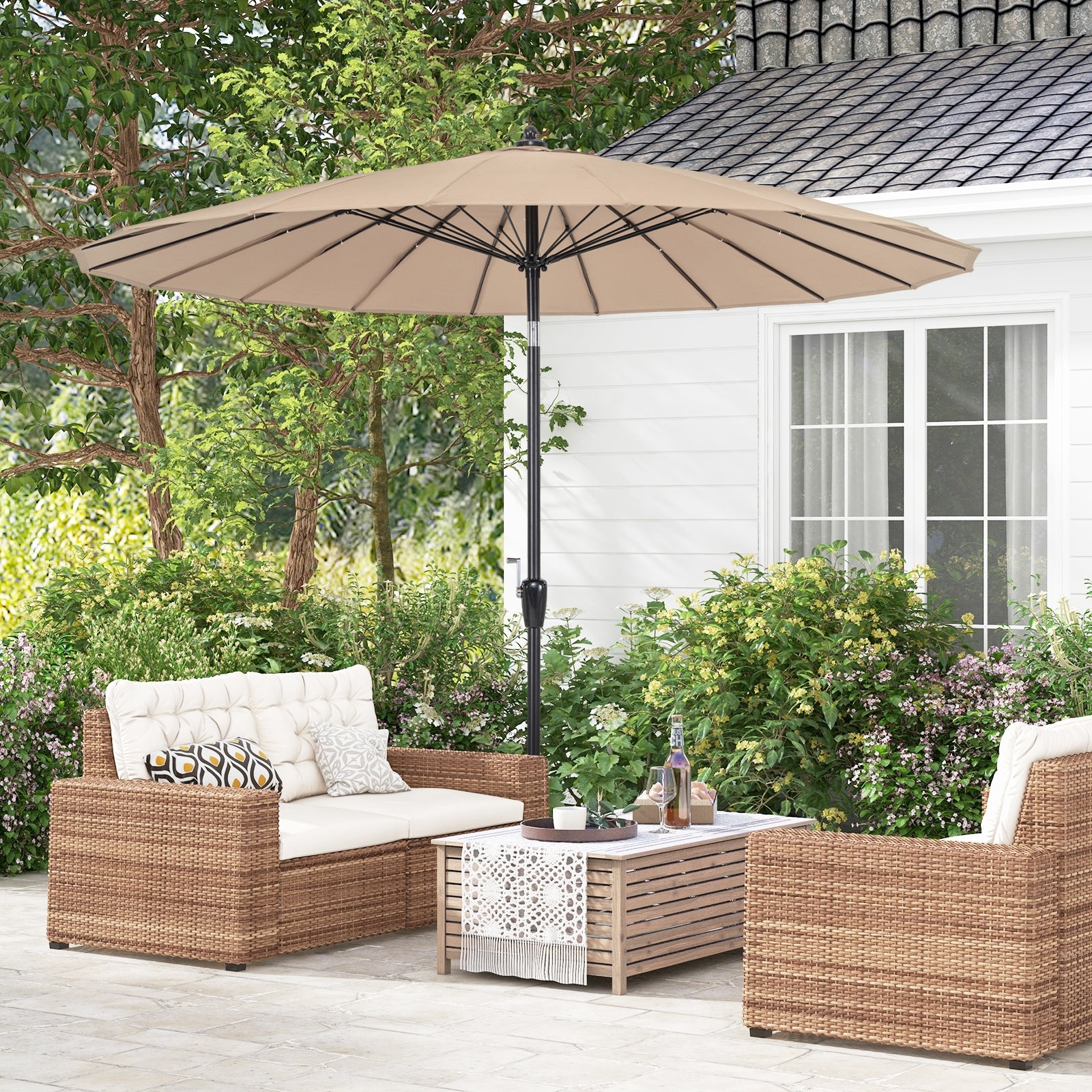 9 Feet Round Patio Umbrella with 18 Fiberglass Ribs, Tan Outdoor Umbrellas at Gallery Canada