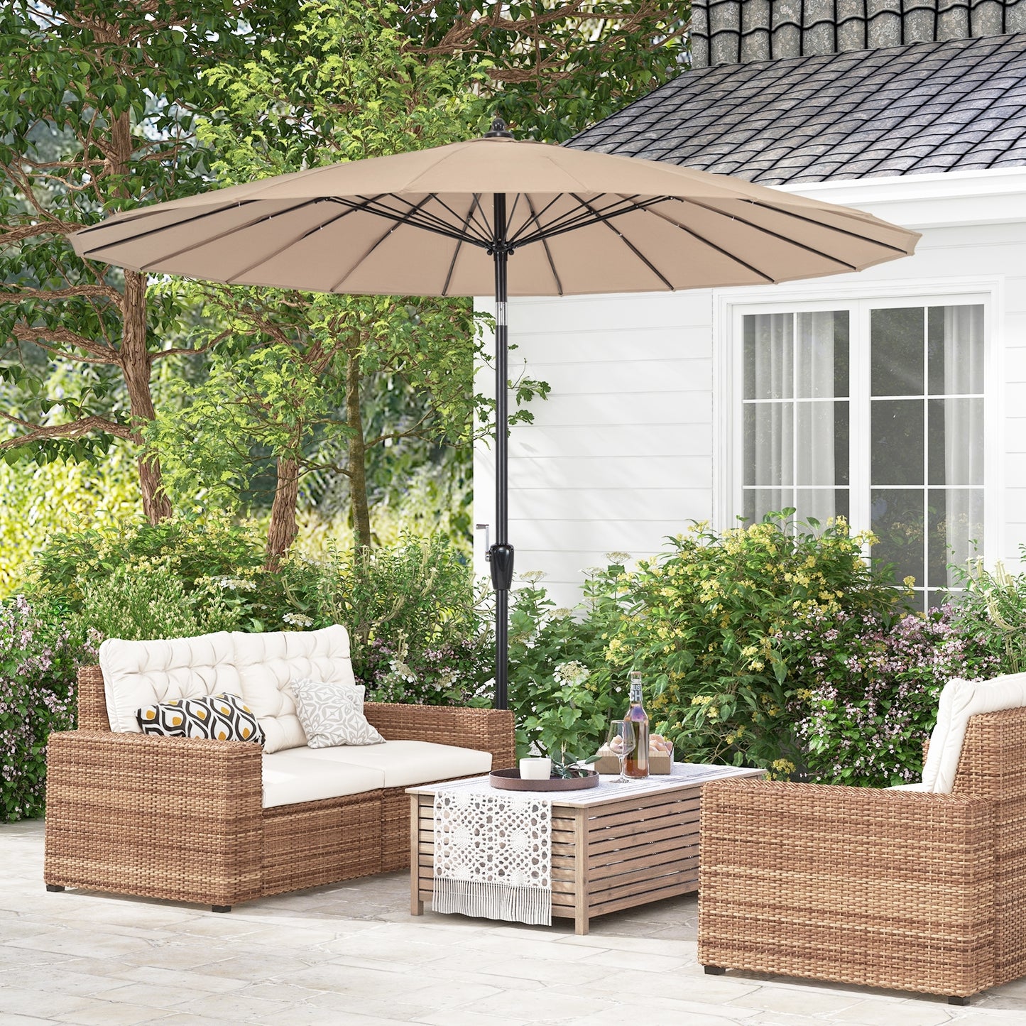 9 Feet Round Patio Umbrella with 18 Fiberglass Ribs, Tan Outdoor Umbrellas at Gallery Canada