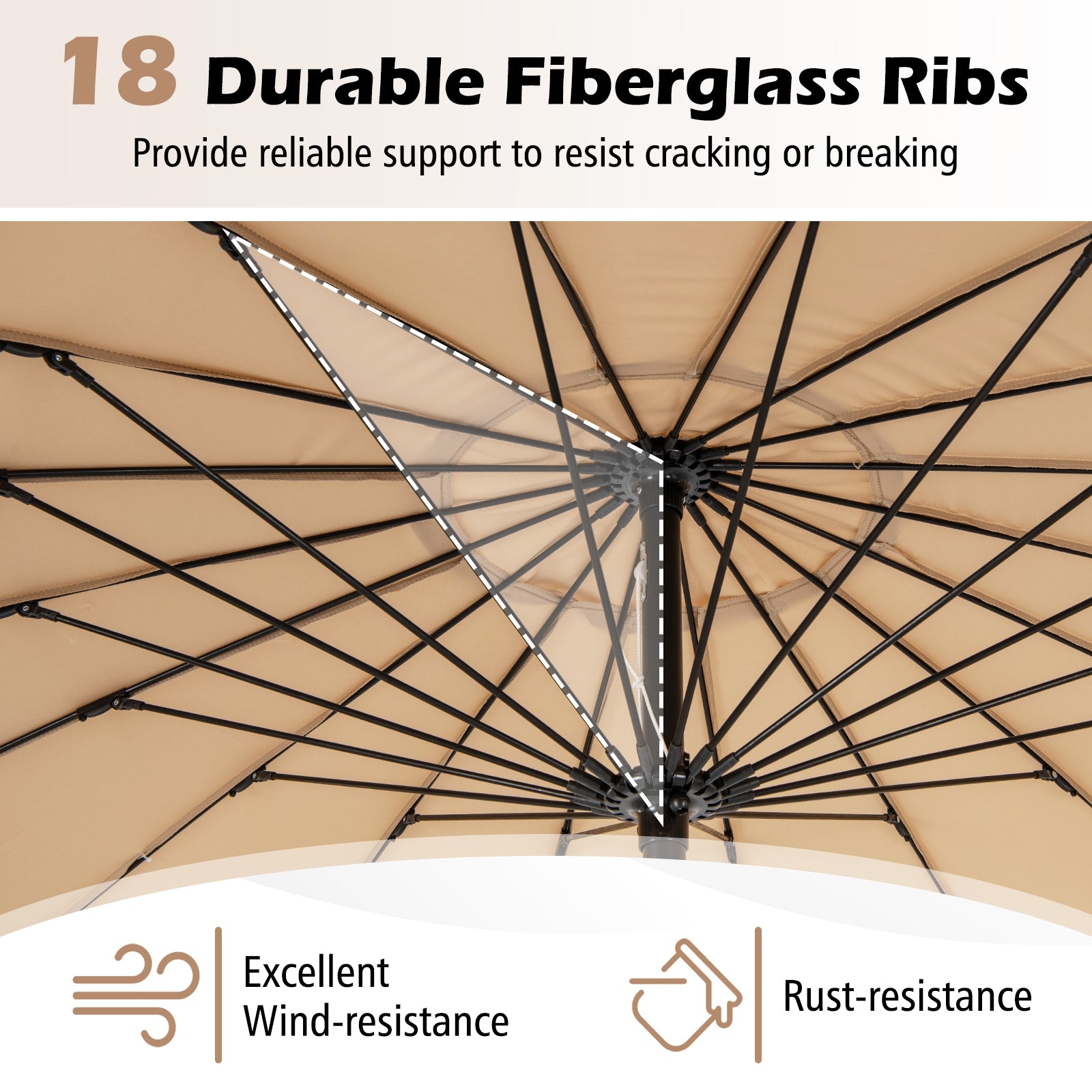 9 Feet Round Patio Umbrella with 18 Fiberglass Ribs, Tan Outdoor Umbrellas at Gallery Canada