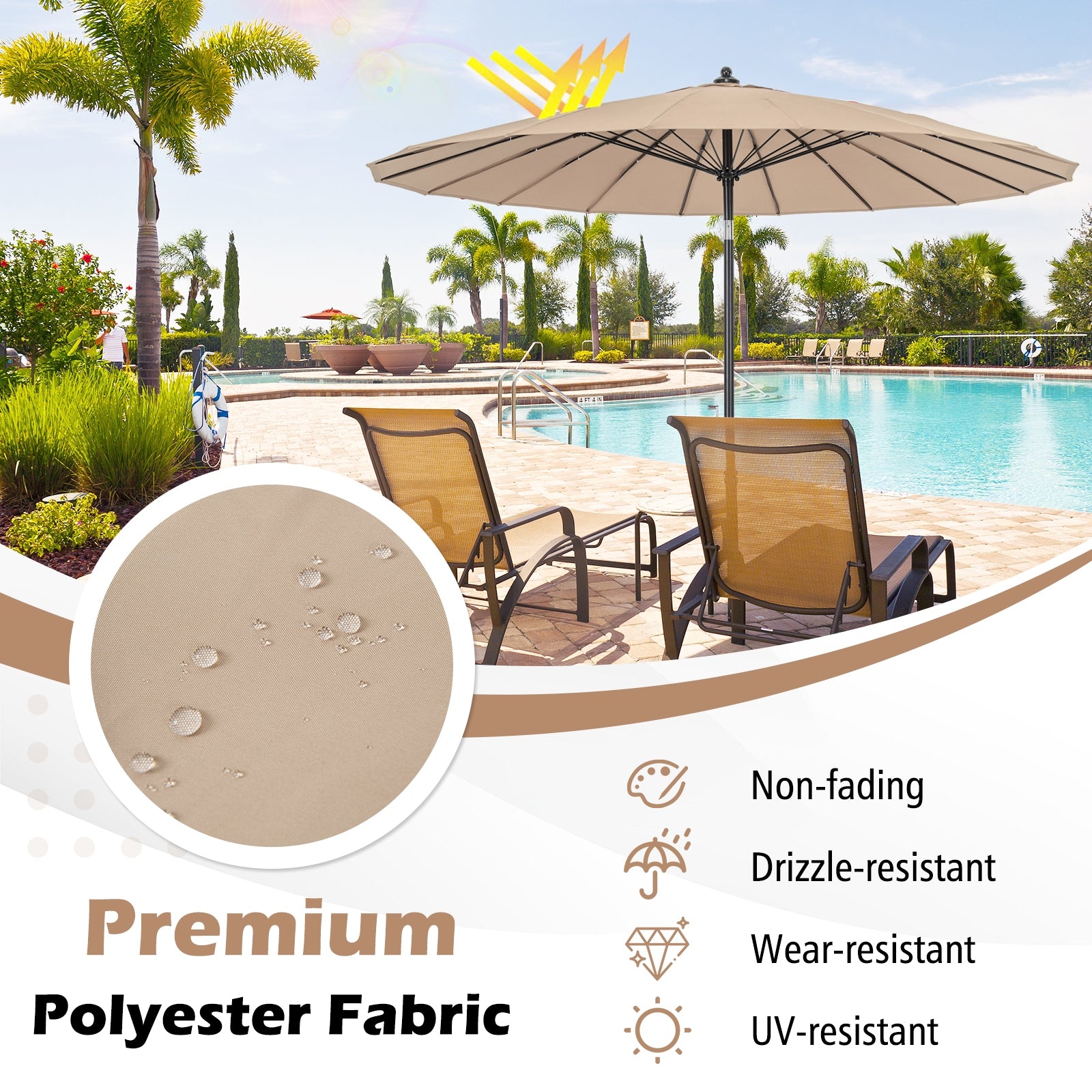 9 Feet Round Patio Umbrella with 18 Fiberglass Ribs, Tan Outdoor Umbrellas at Gallery Canada