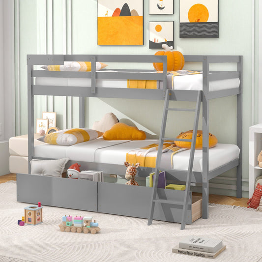 Twin Over Twin Bunk Bed Wood Bed Frame with 2 Storage Drawers and Ladder, Gray - Gallery Canada