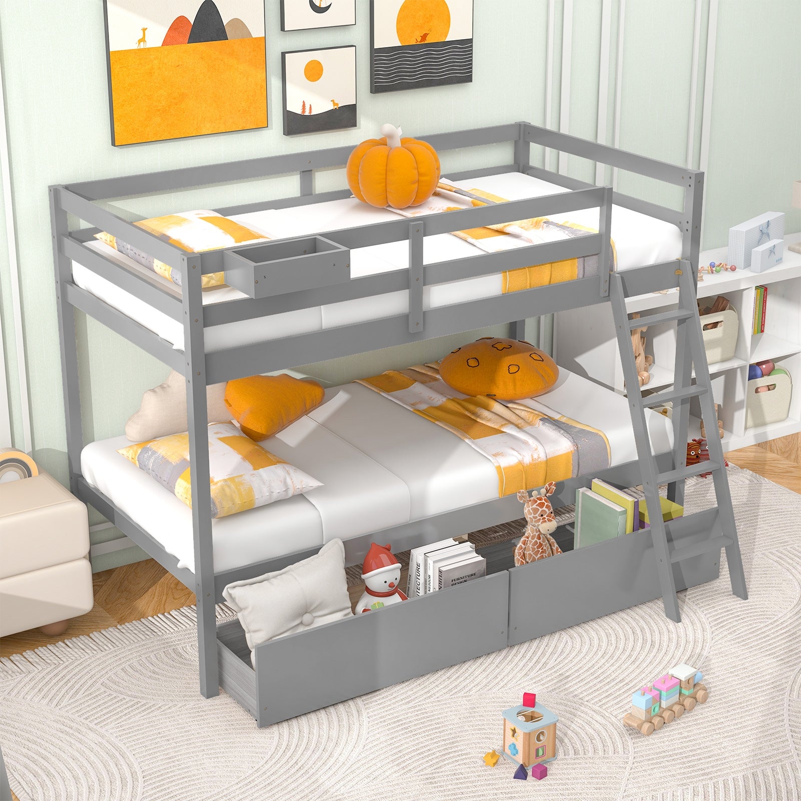 Twin Over Twin Bunk Bed Wood Bed Frame with 2 Storage Drawers and Ladder, Gray Bunk Bed Frame at Gallery Canada