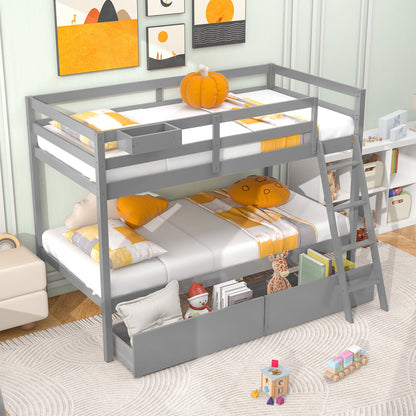 Twin Over Twin Bunk Bed Wood Bed Frame with 2 Storage Drawers and Ladder, Gray Bunk Bed Frame at Gallery Canada