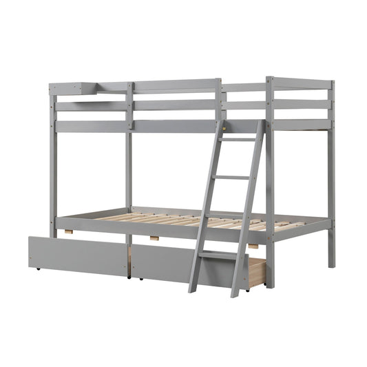 Twin Over Twin Bunk Bed Wood Bed Frame with 2 Storage Drawers and Ladder, Gray - Gallery Canada