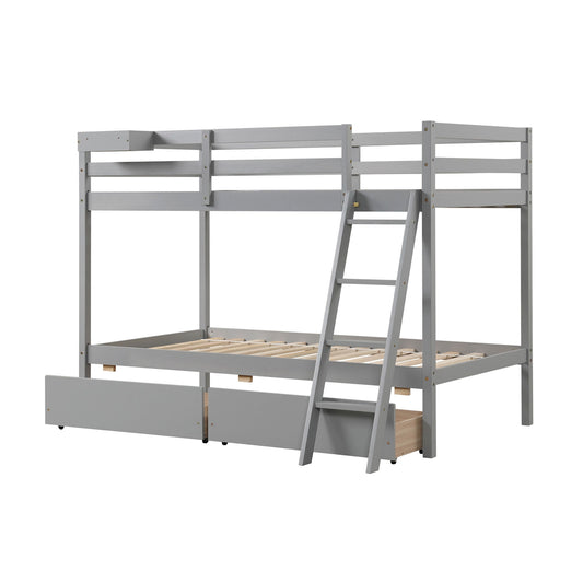 Twin Over Twin Bunk Bed Wood Bed Frame with 2 Storage Drawers and Ladder, Gray Bunk Bed Frame Gray at Gallery Canada