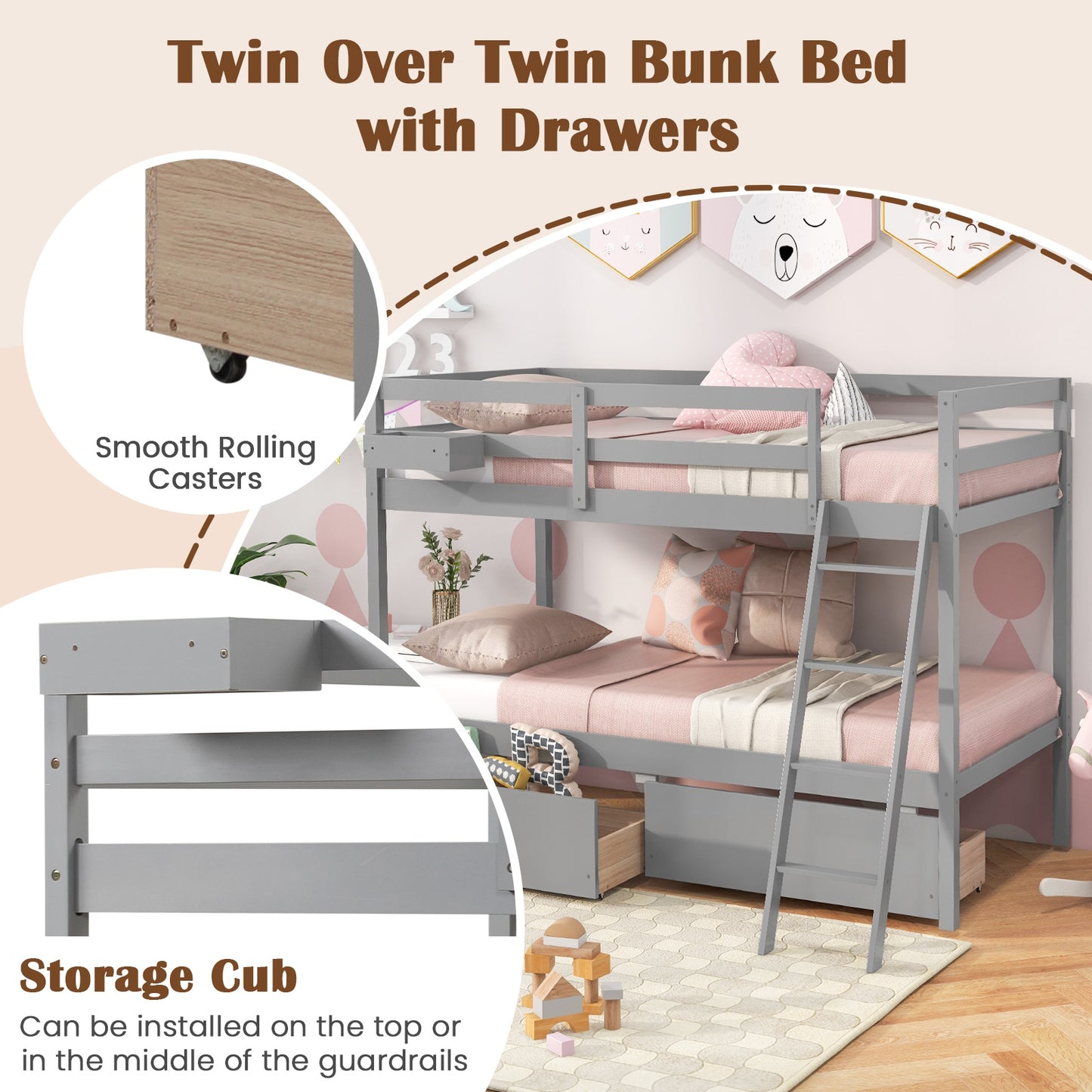 Twin Over Twin Bunk Bed Wood Bed Frame with 2 Storage Drawers and Ladder, Gray Bunk Bed Frame at Gallery Canada