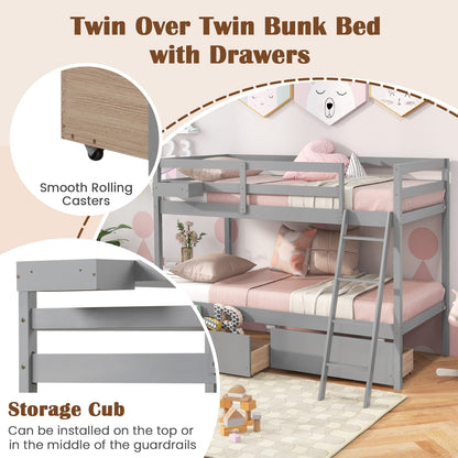 Twin Over Twin Bunk Bed Wood Bed Frame with 2 Storage Drawers and Ladder, Gray Bunk Bed Frame at Gallery Canada