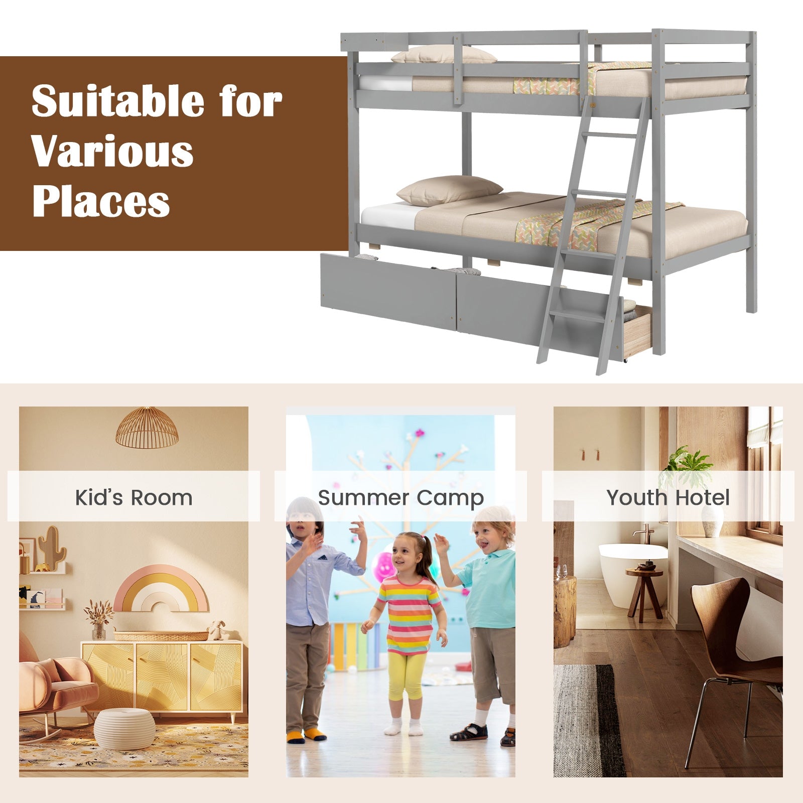 Twin Over Twin Bunk Bed Wood Bed Frame with 2 Storage Drawers and Ladder, Gray Bunk Bed Frame at Gallery Canada