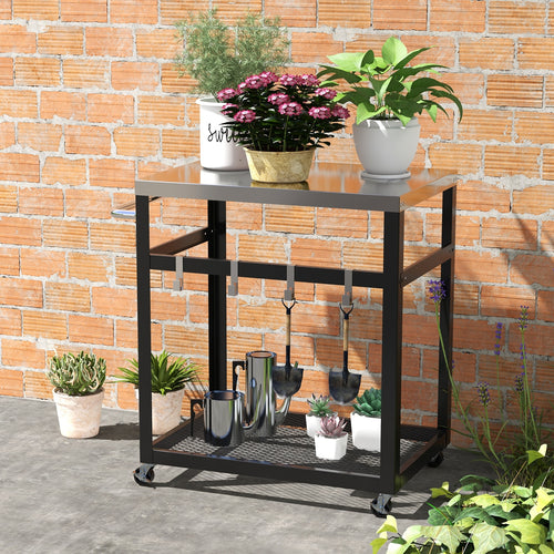 2-Tier Stainless Steel Grill Cart with 4 Hooks and Wheels BBQ Table, Black