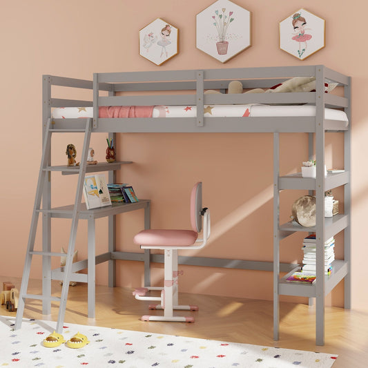 Twin Size Loft Bed with Desk and Bookshelves for Kids and Teens, Gray - Gallery Canada