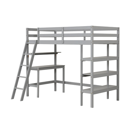 Twin Size Loft Bed With Desk, Bookshelves, Gray Bunk Bed Frame Gray at Gallery Canada