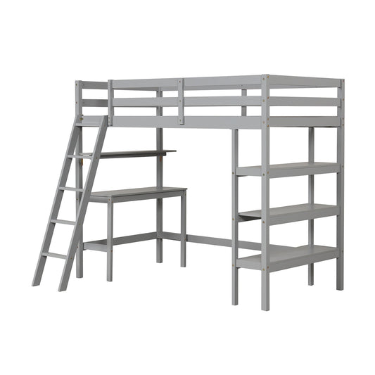 Twin Size Loft Bed with Desk and Bookshelves for Kids and Teens, Gray