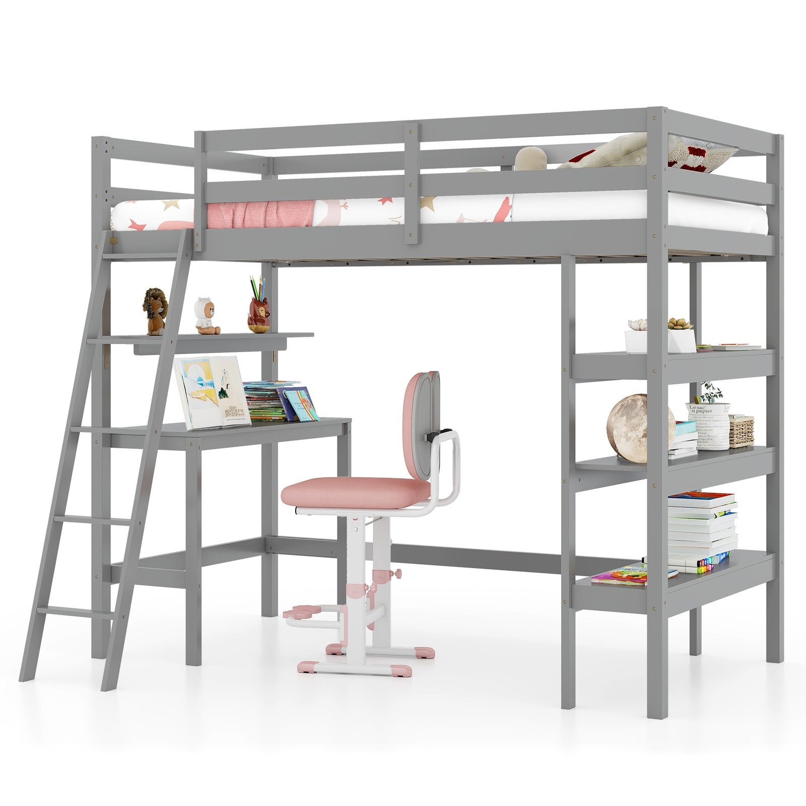 Twin Size Loft Bed with Desk and Bookshelves for Kids and Teens, Gray Bunk Bed Frame at Gallery Canada