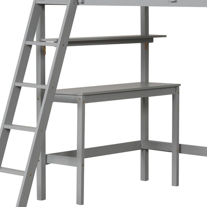 Twin Size Loft Bed with Desk and Bookshelves for Kids and Teens, Gray Bunk Bed Frame at Gallery Canada
