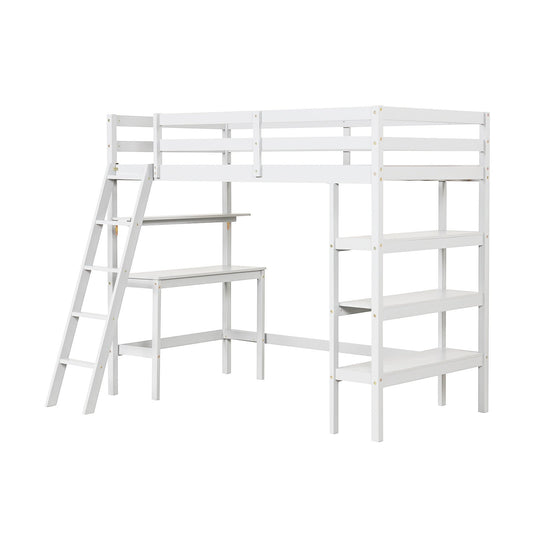 Twin Size Loft Bed with Desk and Bookshelves for Kids and Teens, White - Gallery Canada