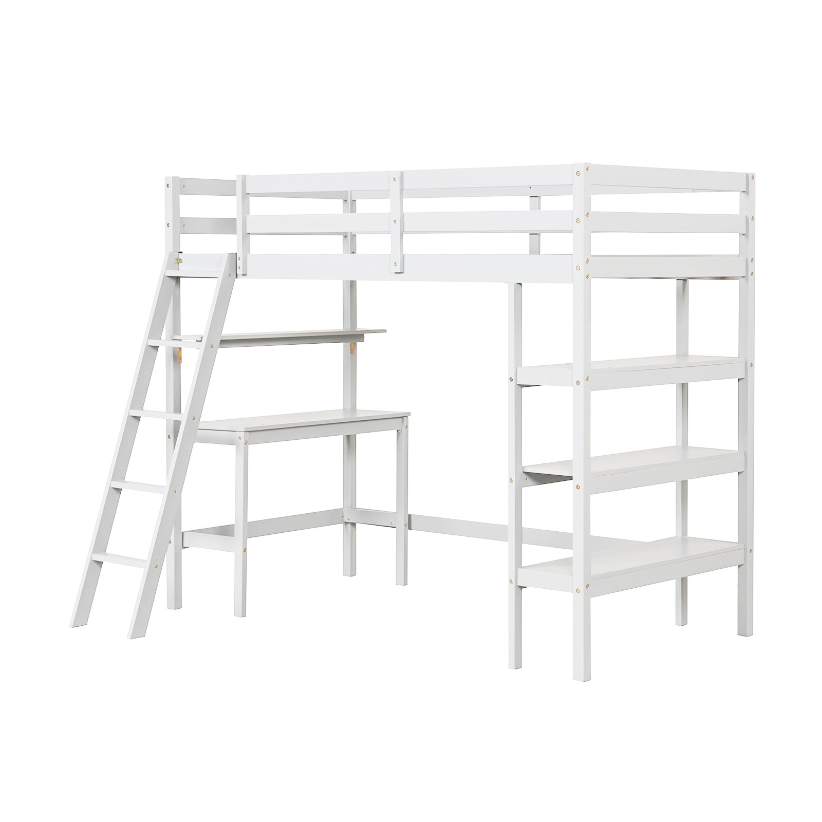 Twin Size Loft Bed with Desk and Bookshelves for Kids and Teens, White Bunk Bed Frame White at Gallery Canada