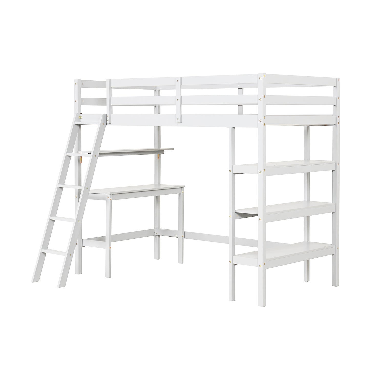 Twin Size Loft Bed with Desk and Bookshelves for Kids and Teens, White Bunk Bed Frame White at Gallery Canada