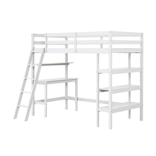 Twin Size Loft Bed with Desk and Bookshelves for Kids and Teens, White Bunk Bed Frame White at Gallery Canada