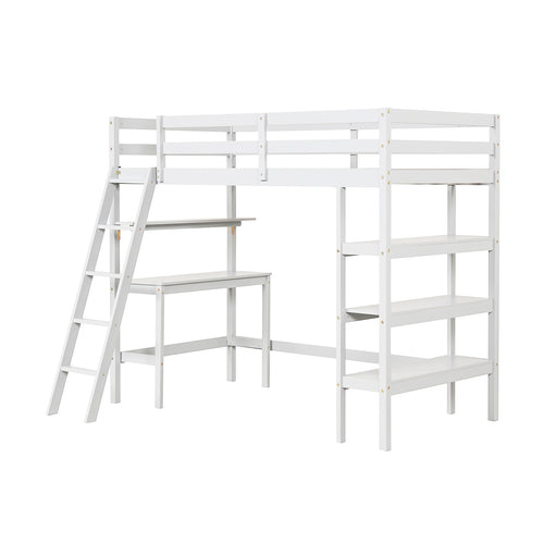 Twin Size Loft Bed with Desk and Bookshelves for Kids and Teens, White